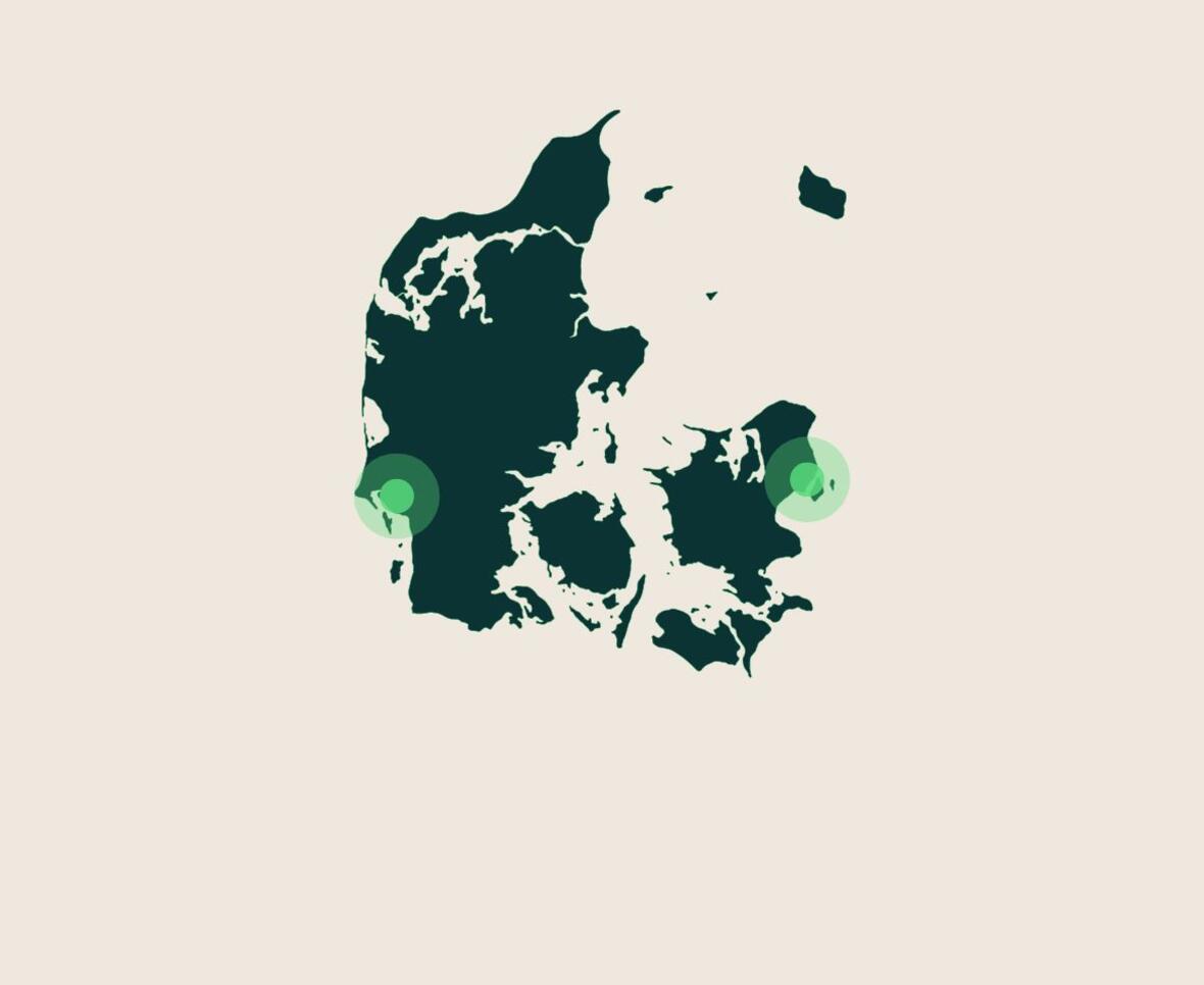 Kort over Danmark hvor områderne omkring Esbjerg og København er fremhævede