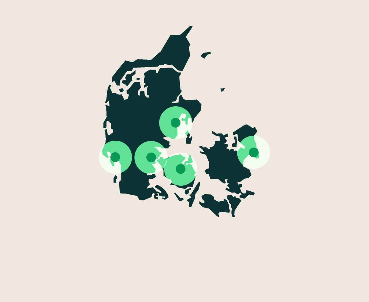 danmarkskort med grønne cirkler om Aarhus, Esbjerg, Kolding, Odense og København.