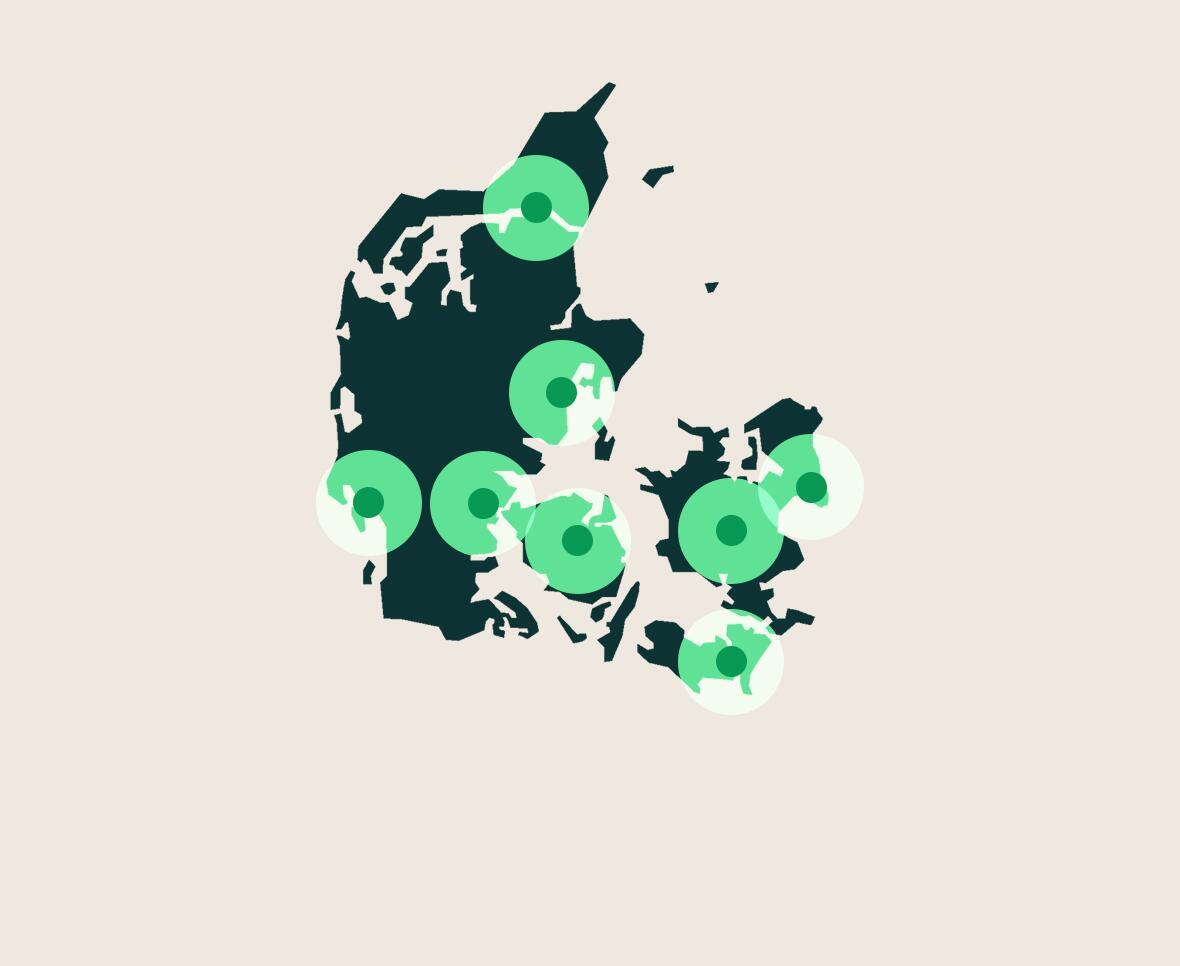 danmarkskort med grønne cirkler om Aarhus, Aalborg, Esbjerg, Kolding, Odense, Ringsted, København og Nykøbing Falster.